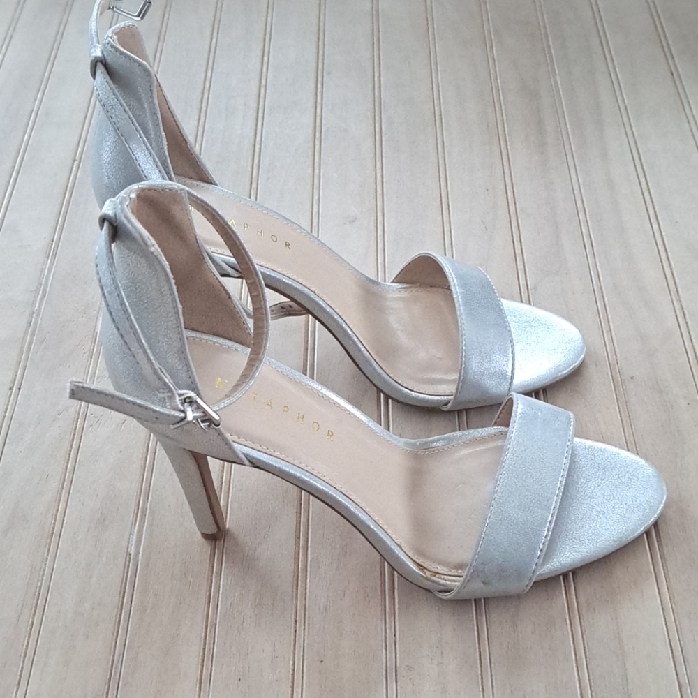 Metaphor Silver Metallic Ankle Strap Stiletto Glam Formal Classy Heels Sandals